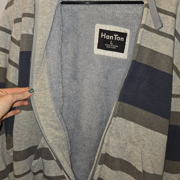 Mens Han Ton Blue Gray Striped Zip Hoodie Lined Size Large - Picture 3 of 6